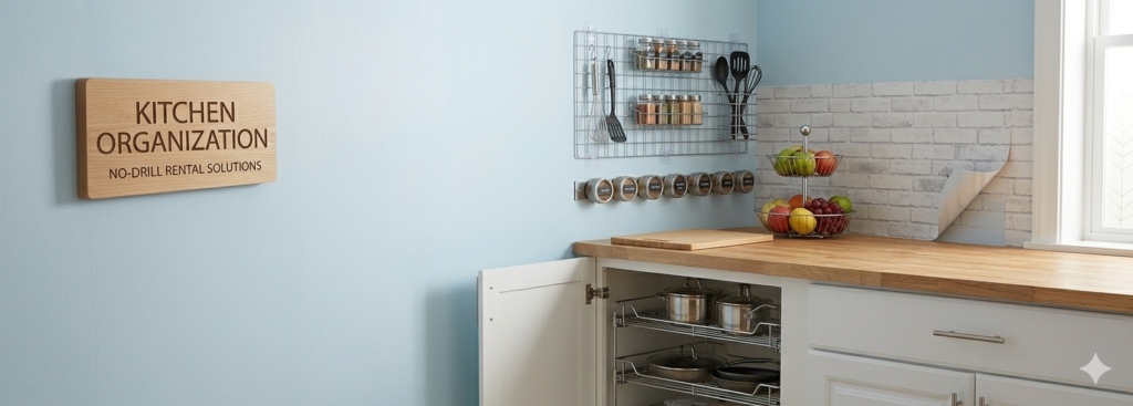 No-drill small kitchen organization ideas with vertical wire grid and removable backsplash for renters