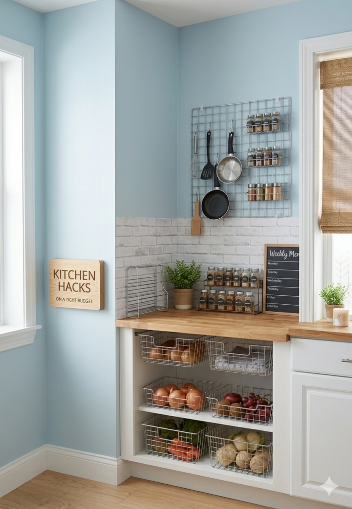 Budget kitchen organization with wire grid wall storage and peel-and-stick backsplash for renters
