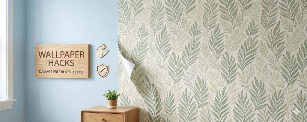 Applying peel-and-stick removable wallpaper in a rental apartment bedroom, damage-free wall decor
