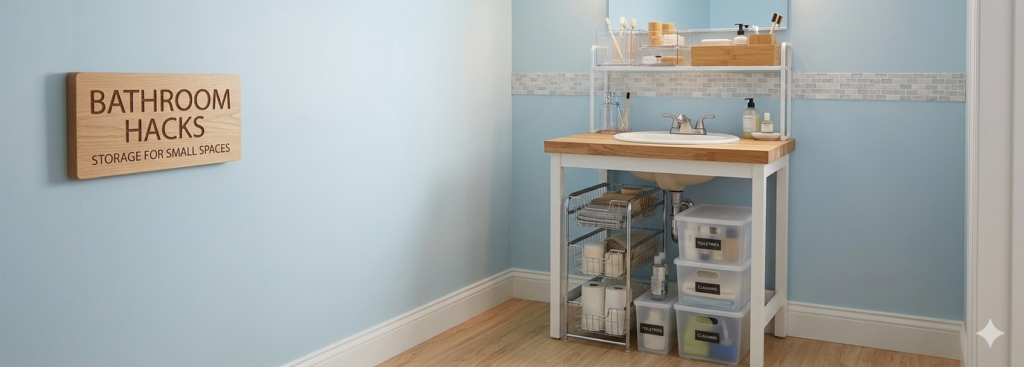Renter-friendly bathroom storage hacks for small spaces with over-the-faucet shelving and under-sink organizers